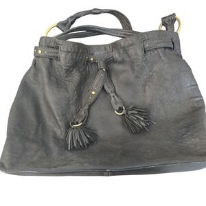 Sigrid Olsen Black Pebbled Leather Tassel Drawstring Hobo Shoulder Gold Studs